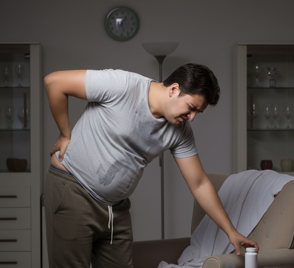 姿勢の悪化と体の痛みのある男性