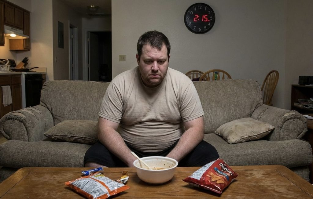 夜遅くに食事をしてしまい太ってしまった人